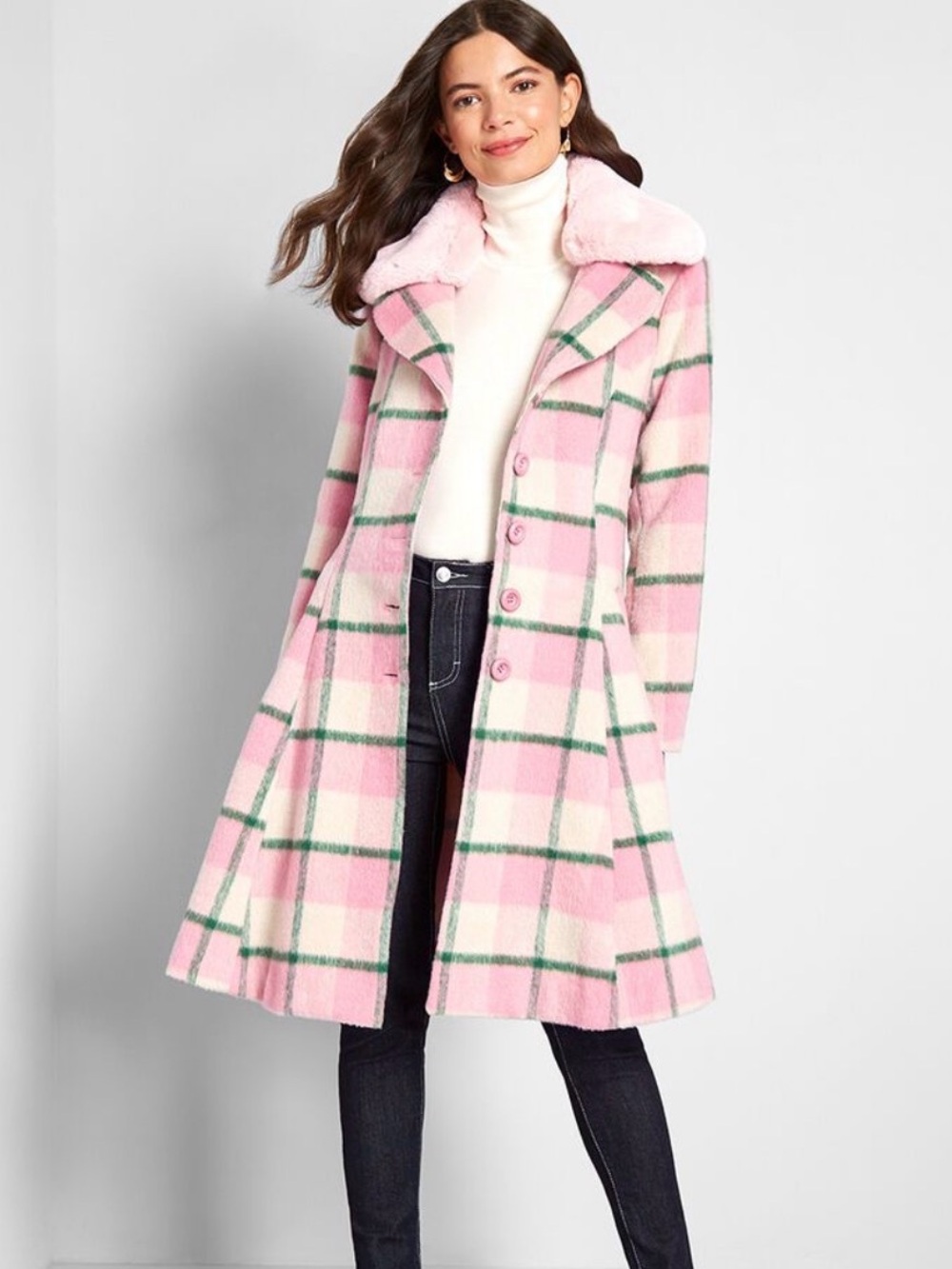 Rare Pink and green Peacoat - Plaid Long Coat with Faux Fur Collar detachable